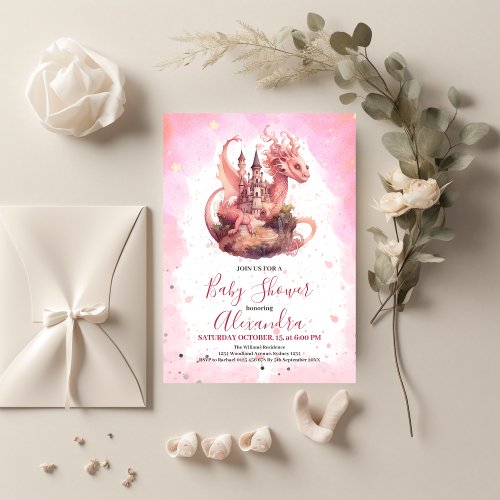 Whimsical Watercolor Pink Dragon Baby Shower  Invitation
