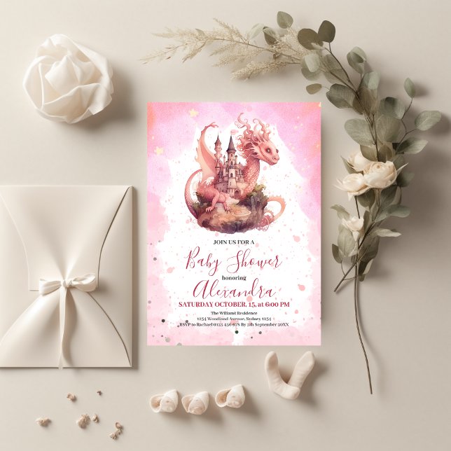 Whimsical Watercolor Pink Dragon Baby Shower  Invitation (Creator Uploaded)