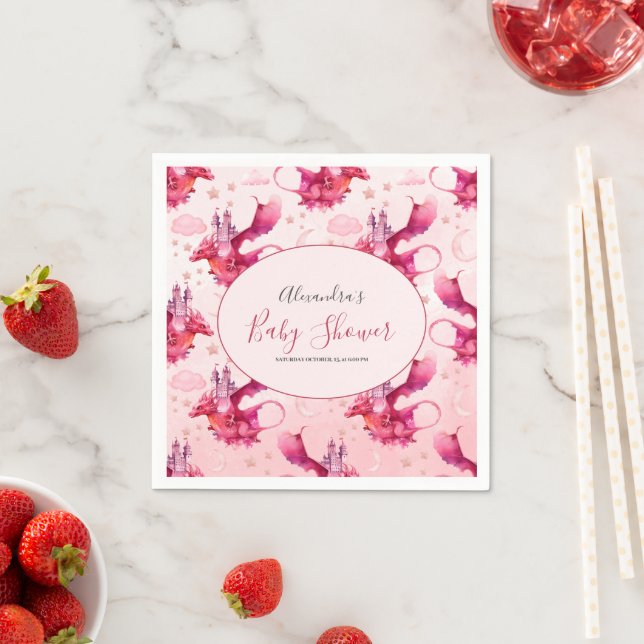Whimsical Watercolor Pink Dragon Baby Shower  Napkins (Insitu)