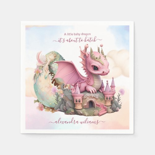 Whimsical Watercolor Pink Dragon Baby Shower Napkins