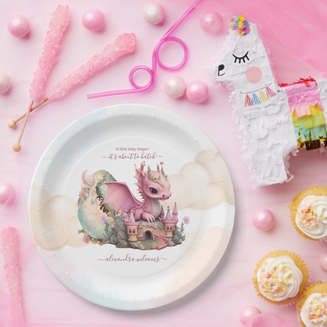 Whimsical Watercolor Pink Dragon Baby Shower Paper Plates (Party)