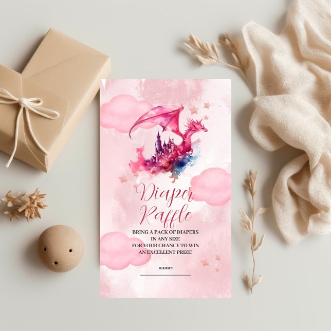 Whimsical Watercolor Pink Dragon Diaper Raffle Enclosure Card (Creator Uploaded)