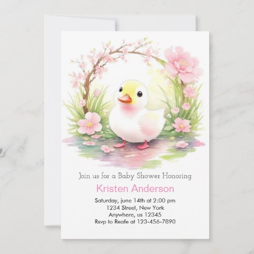 Whimsical Watercolor Pink Duck Girl Baby Shower Invitation