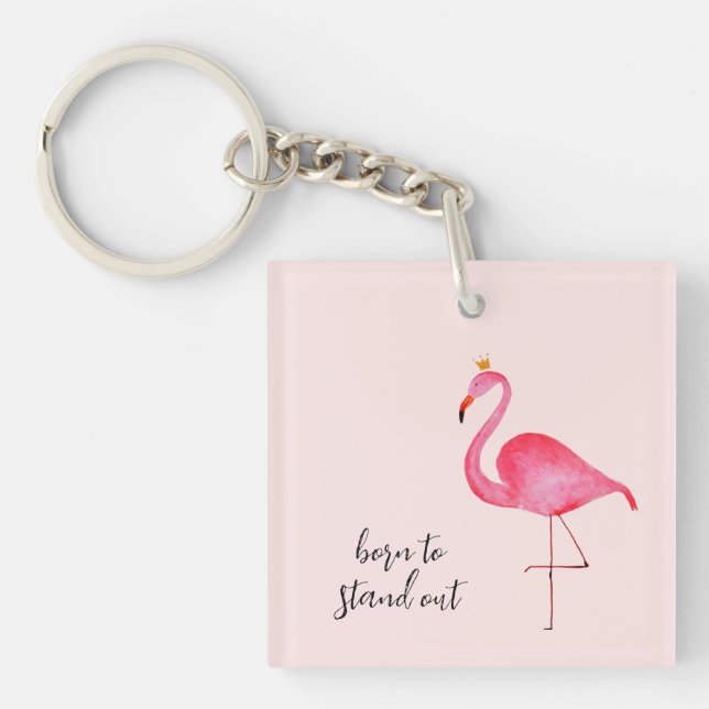 Whimsical Watercolor Pink Flamingo Keychain (Front)