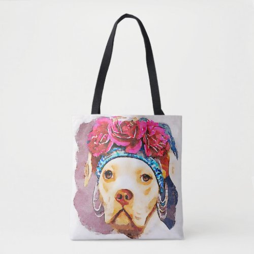 Whimsical Watercolor Pitbull Pet Portrait Floral Tote Bag