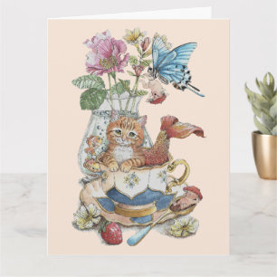 Whimsical Watercolor Purrmaid Teacup Floral Card