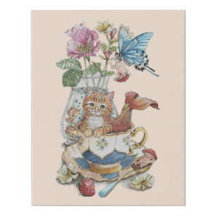 Whimsical Watercolor Purrmaid Teacup Floral Faux Canvas Print