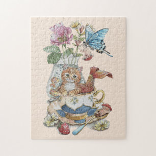 Whimsical Watercolor Purrmaid Teacup Floral Jigsaw Puzzle