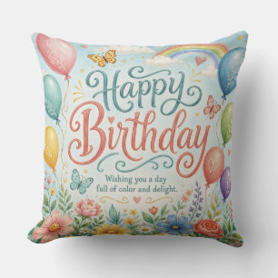 Whimsical Watercolor Rainbow Balloons Floral Throw Pillow