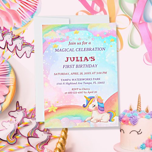 Whimsical Watercolor Rainbow Unicorn Birthday  Invitation