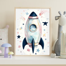 Whimsical Watercolor Rocket Ship with Pastel Stars