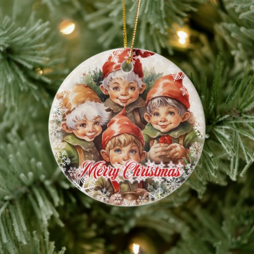 Whimsical watercolor Santa dwarves Ceramic Ornament