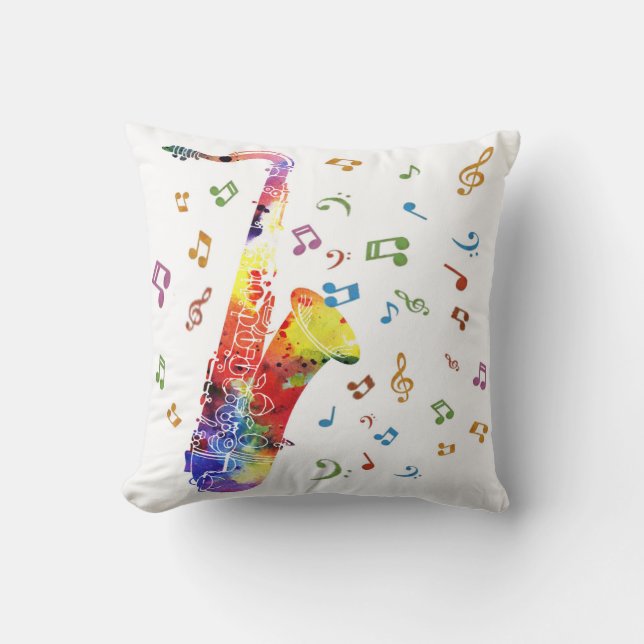 Whimsical Watercolor Saxophone Throw Pillow (Front)