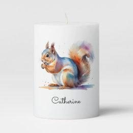 Whimsical Watercolor Squirrel Personalized Pillar Candle