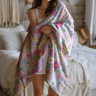 Whimsical Watercolor Summer Spring Floral Fleece Blanket