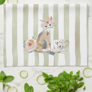 Whimsical Watercolor Tea Time Cat Kitchen Towels