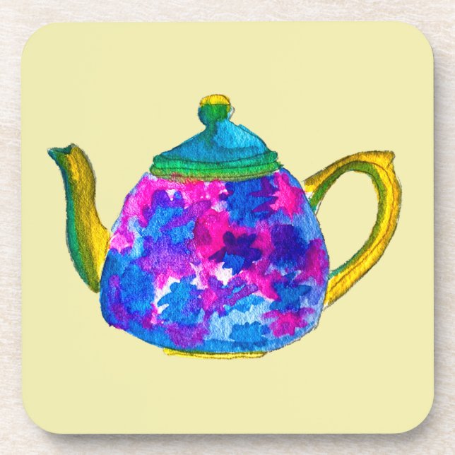 Whimsical watercolor teapot beverage coaster (Front)