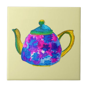 Whimsical watercolor teapot ceramic tile