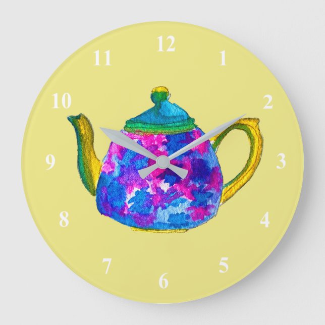 Whimsical watercolor teapot large clock (Front)