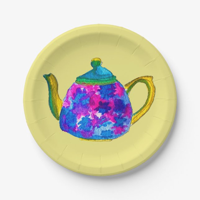 Whimsical watercolor teapot paper plates (Front)