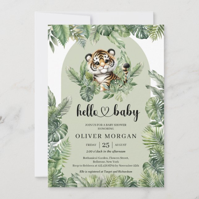 Whimsical Watercolor tropical greenery cute tiger Invitation (Front)