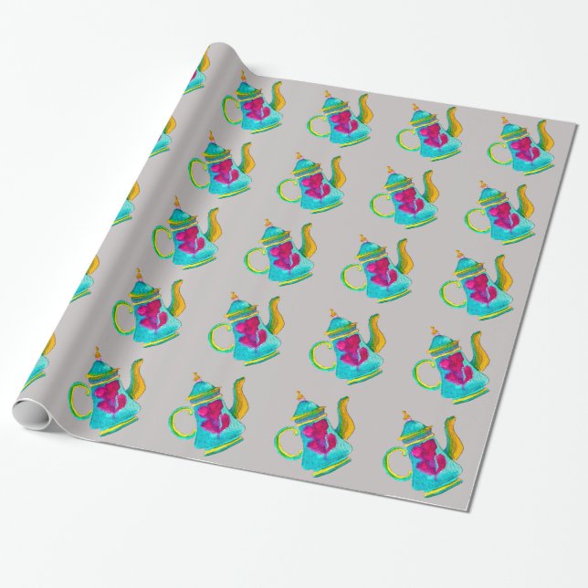 Whimsical watercolor Turkish teapot Wrapping Paper (Unrolled)
