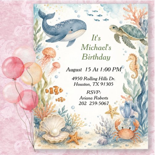 Whimsical Watercolor Under Sea Birthday Invitation