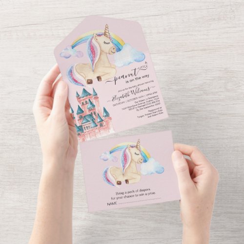 Whimsical Watercolor Unicorn Castle All In One Invitation