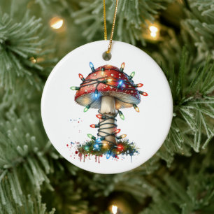 Whimsical Watercolor Vintage Mushroom Christmas Ceramic Ornament