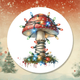 Whimsical Watercolor Vintage Mushroom Christmas Classic Round Sticker