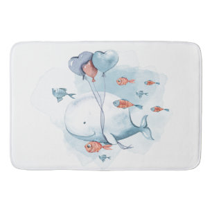 Whimsical Watercolor Whale and Fishes Bath Mat
