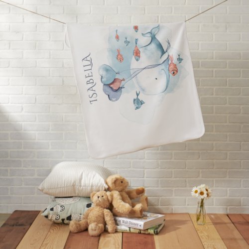 Whimsical Watercolor Whale and Fishes Personalized Baby Blanket