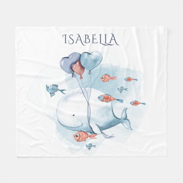 Whimsical Watercolor Whale and Fishes Personalized Fleece Blanket (Front (Horizontal))