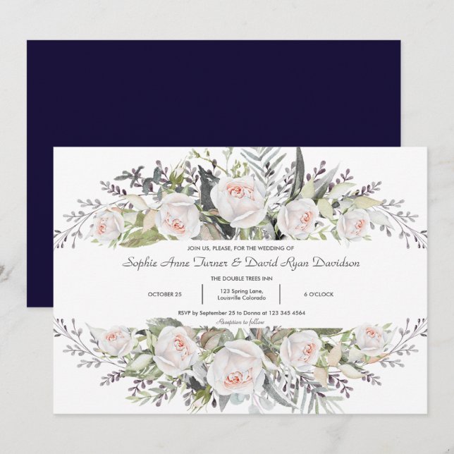 Whimsical Watercolor White Flowers Frame Wedding Invitation (Front/Back)