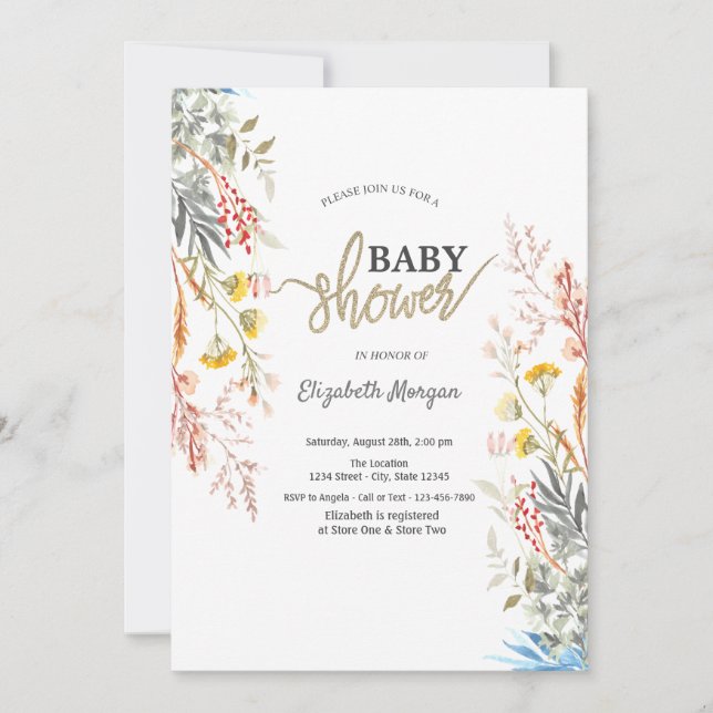 Whimsical Watercolor Wildflower Dried Baby Shower Invitation (Front)
