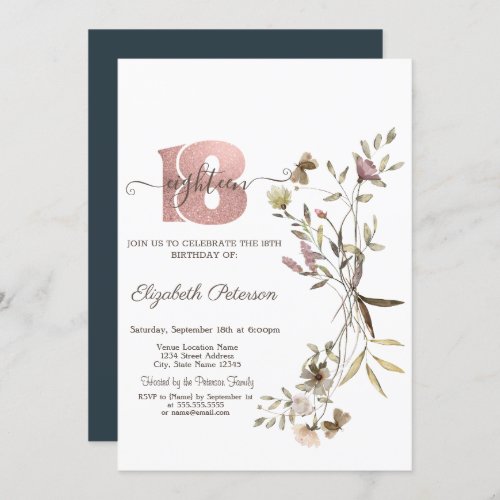 Whimsical Watercolor Wildflowers 18th Birthday   Invitation