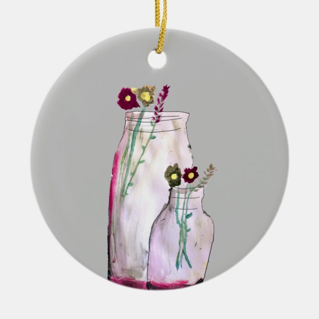 Whimsical watercolor wildflowers in vase ceramic ornament (Front)