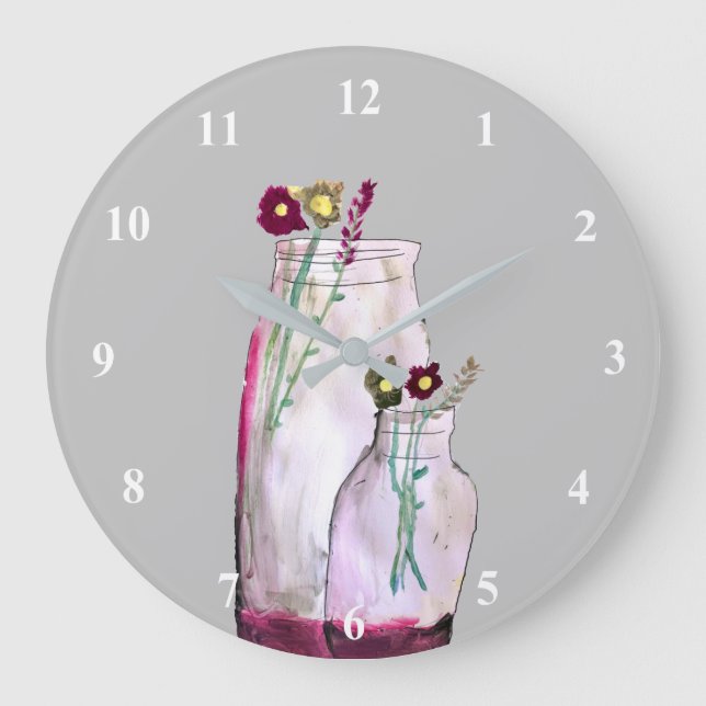 Whimsical watercolor wildflowers in vase large clock (Front)