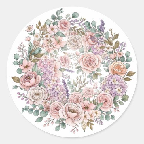 Whimsical Watercolor Wildflowers Pink Classic Round Sticker