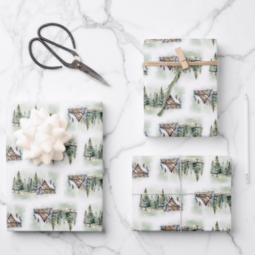 Whimsical watercolor winter forest and cottage  wrapping paper sheets