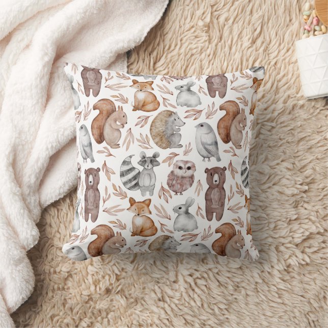 Whimsical Watercolor Woodland Animals Pattern Throw Pillow (Blanket)