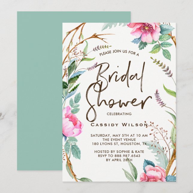 Whimsical Watercolor Wreath Bridal Shower Invitation (Front/Back)
