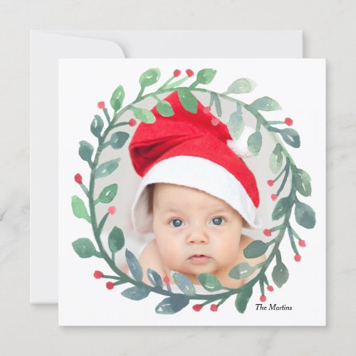 Whimsical Watercolor Wreath  Christmas Holiday Card