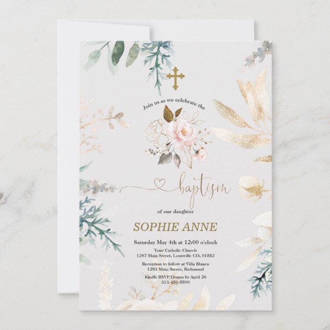 Whimsical Watercolour Pink Floral Gold Baptism Invitation (Front)