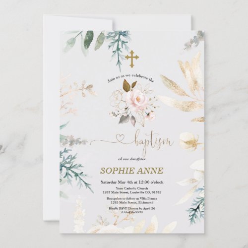 Whimsical Watercolour Pink Floral Gold Baptism Invitation