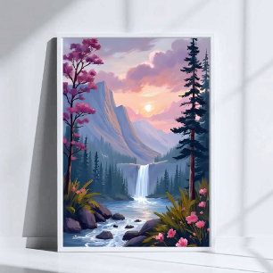 Whimsical Waterfall Magical Floral Landscape Poster
