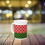 Whimsical Watermelon Colors Patterned Beverage Pitcher<br><div class="desc">Whimsical beverage pitcher perfect for Summer months,  features watermelon pink and black hearts pattern with dark green checkerboard bottom border.</div>