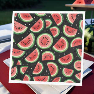 Whimsical Watermelon Watercolor on Starry Black Napkins
