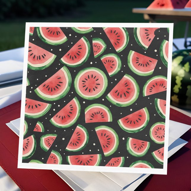 Whimsical Watermelon Watercolor on Starry Black Napkins (Whimsical watercolor watermelon on black, midsummer's eve, outdoor night BBQ birthday or summerween)