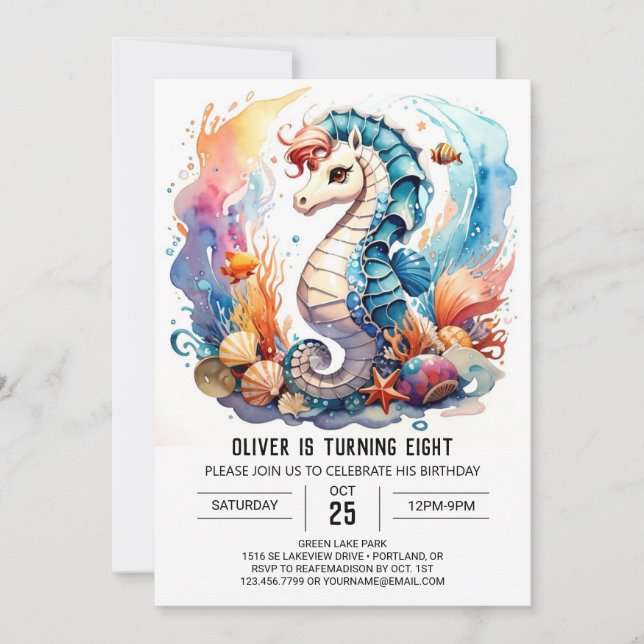 Whimsical Waters Seahorse Birthday Invitation (Front)